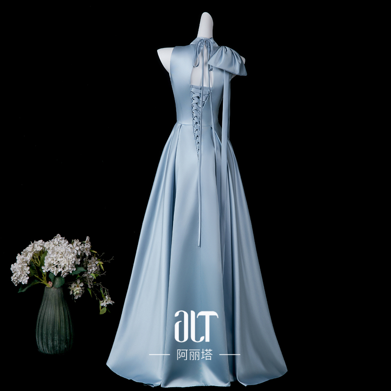 Blue Satin Long Skirt with a Large Hem, Lace-Up Backless Princess Style, High-End Light Luxury Piano Performance Dress Evening Gown