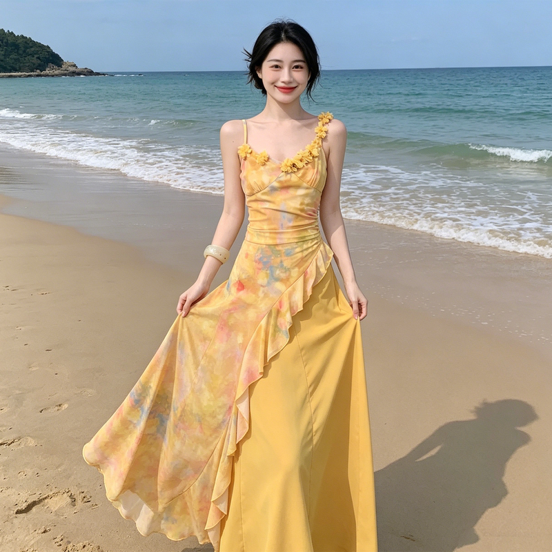 Super Fairy-Like Seaside Vacation Yellow Dress for Women, Summer Plus Size, Elegant and Slimming Chiffon Spaghetti Strap Long Dress Super Fairy-Like Seaside Vacation Yellow Dress for Women, Summer Plus Size, Elegant and Slimming Chiffon Spaghetti Strap Long Dress