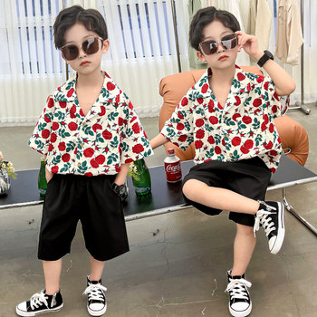 Boys' Summer Outfit Hong Kong Style Children's Floral Shirt Beach Vacation Travel Clothes Runway Street Dance Performance Outfit