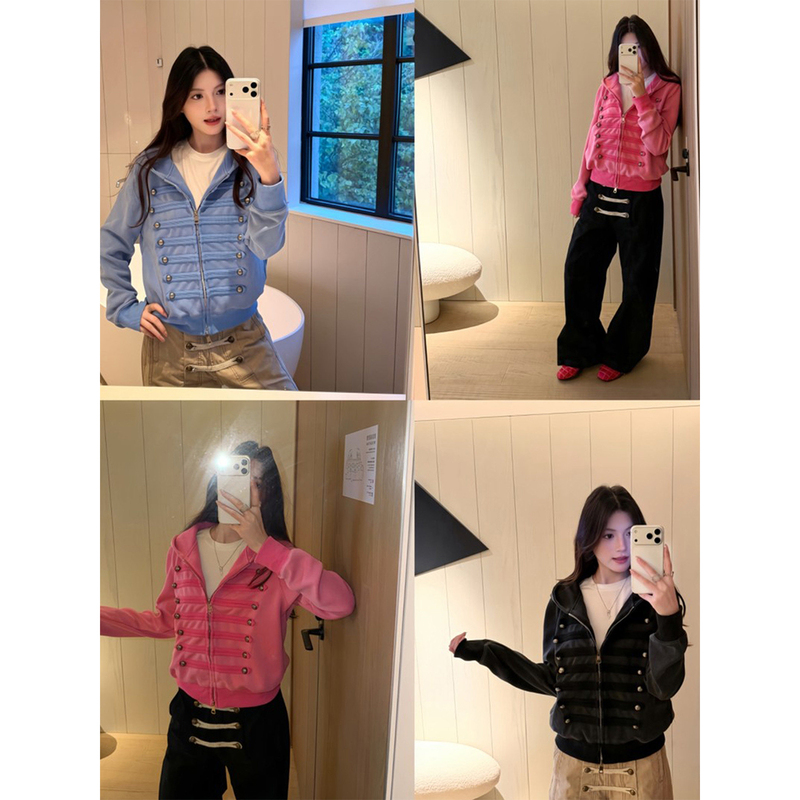 American Retro Rose Red Hooded Sweatshirt Jacket for Women in Autum Design, Napoleon Short Zipper Cardigan Top American Retro Rose Red Hooded Sweatshirt Jacket for Women in Autum Design, Napoleon Short Zipper Cardigan Top