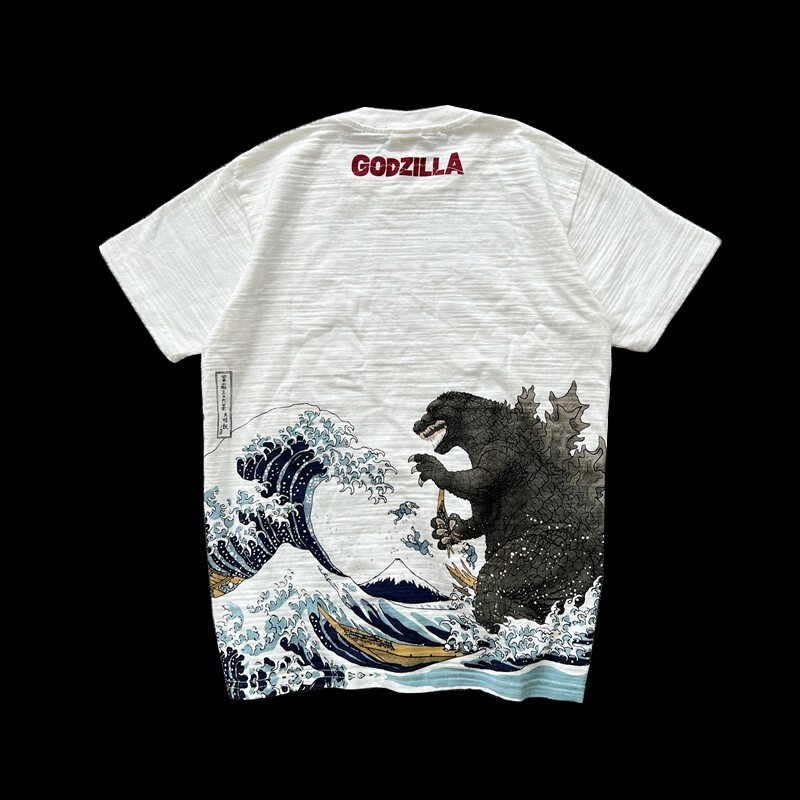 Exported to Japan, Thick Bamboo Cotton Japanese Style Ukiyo-E Sea Monster Retro Print Round Neck Short-Sleeved T-Shirt for Men and Women Couples