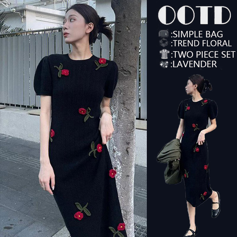 2026 New French-Style Bodycon Black Short-Sleeve Dress for Women, Summer Design, Niche Bodycon Knit Long Dress