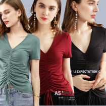 New drawstring Latin dance jacket short sleeve sexy V-collar modern dance practice uniform Modal sports T-shirt female summer