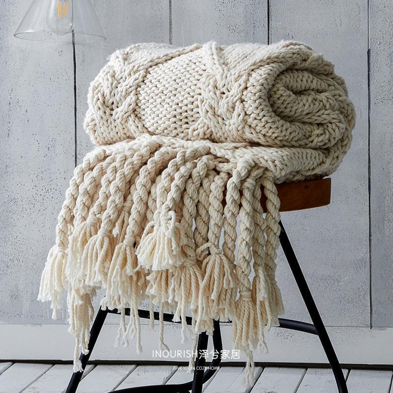 Scandinavian Style Handmade Stick-Knitted Blanket, Icelandic Wool Sofa Cover Blanket, Thick-Knitted Soft Decorative Blanket, Bed Decoration Blanket