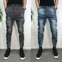 2021 spring and summer social spirit guy small feet slim jeans trembling sound Net red with the same pair of feet elastic belt mens pants