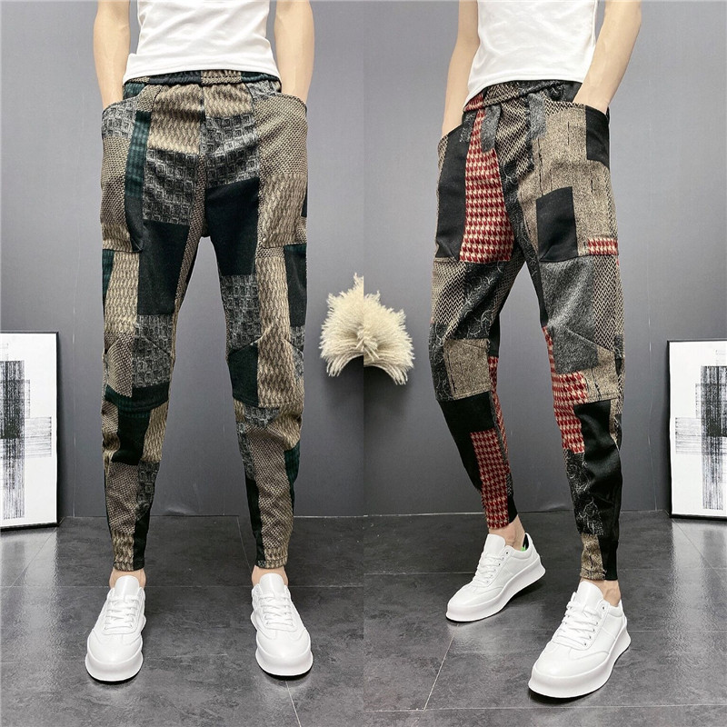 2021 New Fall Men's Knitted Casual Pants Splicing Small Foot Workout Kharen Pants Net Red Identical Broadleg Bungles Pants