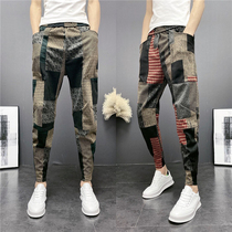 2021 new autumn mens knitted casual pants Stitching small feet Haren pants Net red with wide legs