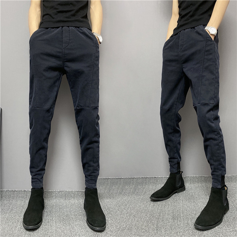 Winter men's gush small feet casual jeans washed and thickened with waist bunches in pure color 100 lap pencil pants