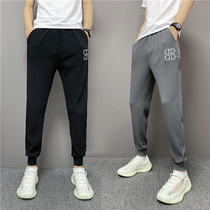 Summer Ice Silk linen pants mens thin slim small feet sports casual pants bunched feet trend air conditioning breathable trousers