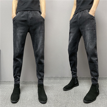 Winter washed mens small feet casual jeans with solid mid-waist tightness Young mentally small group of pants