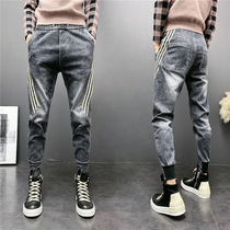 Autumn pants mens social spirit guy jeans slim feet stitching three bars stretch Harlan pair