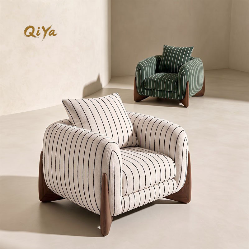 Nordic Style Striped Fabric Single Sofa Chair for Living Room and Balcony, with Solid Wood Legs, Wabi-Sabi Style, Minimalist Original Design Leisure Chair Nordic Style Striped Fabric Single Sofa Chair for Living Room and Balcony, with Solid Wood Legs, Wabi-Sabi Style, Minimalist Original Design Leisure Chair