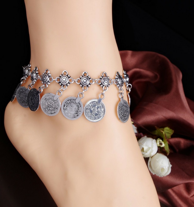 Edwin Hot Bãi biển Bohemian Phong cách cổ điển Khắc Tiền xu Quốc gia Vòng tay ngắn Vòng tay Trang sức vòng chân nam