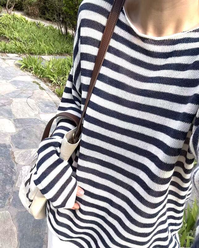 2607 Japanese Paper Yarn Blue and White Striped Off-Shoulder Loose Lazy Striped Long-Sleeve Knitted Sun Protection Cover-Up
