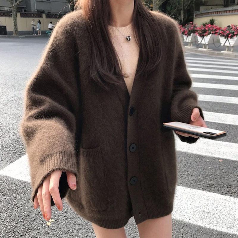 Plus Size 2025 Plush Sweater Coat, Spring and Autumn Vintage Japanese Style, Loose and Lazy Style, Mid-Length Knitted Cardigan