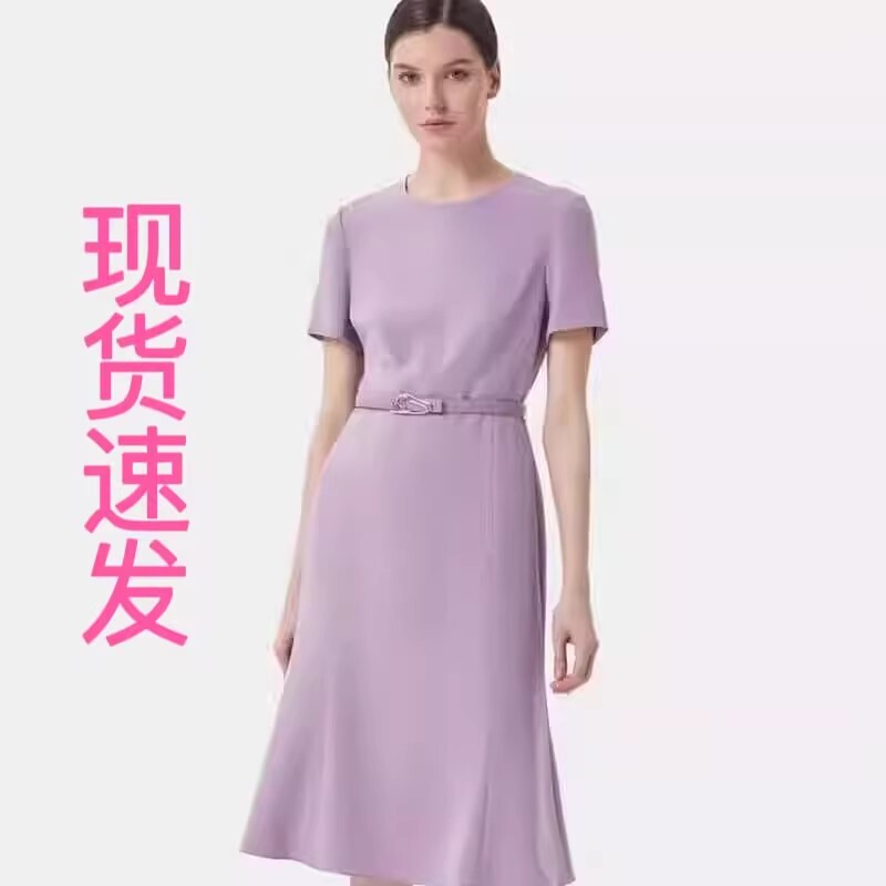 In-Stock Baojia Women's Clothing 2024 Summer New Style Triacetate Elegant Sheer Lavender Purple Waist-Cinching Dress