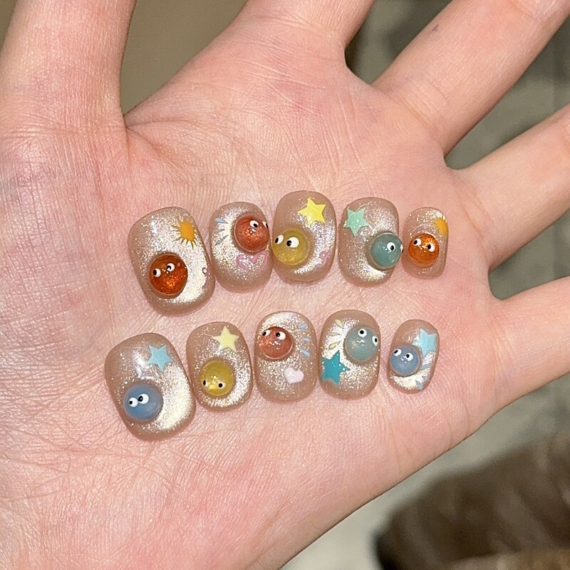 Qq Slime Children's Cute Cartoon Funny Cat Eye Short Style Adult Nail Art 2025 Summer Handmade Wearable Nails