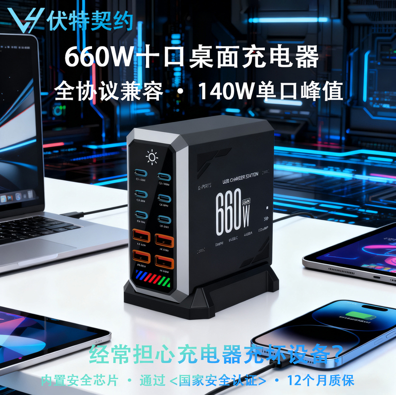 Volt Contract 660W Ten-Port Desktop Gallium Nitride Charger Multi-Port Desktop Charging Station Fully Protocol-Compatible Multi-Device Fast Charging 140W Single-Port Peak Suitable for Laptops, Tablets, Mobile Phones, Etc