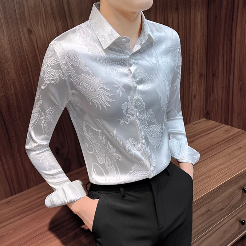 High-End Ice Silk Shirt for Men, Long-Sleeved, Slim Fit, Trendy Floral Shirt Set, Cool Hairstylist Fashion Brand Shirt for Men