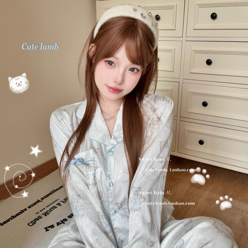 Original Style'Milk Blue Meow Meow Sauce Double Long' Girly Pure Desire Herringbone Pattern Exquisite Lapel Pajamas Long Sleeves Long Pants