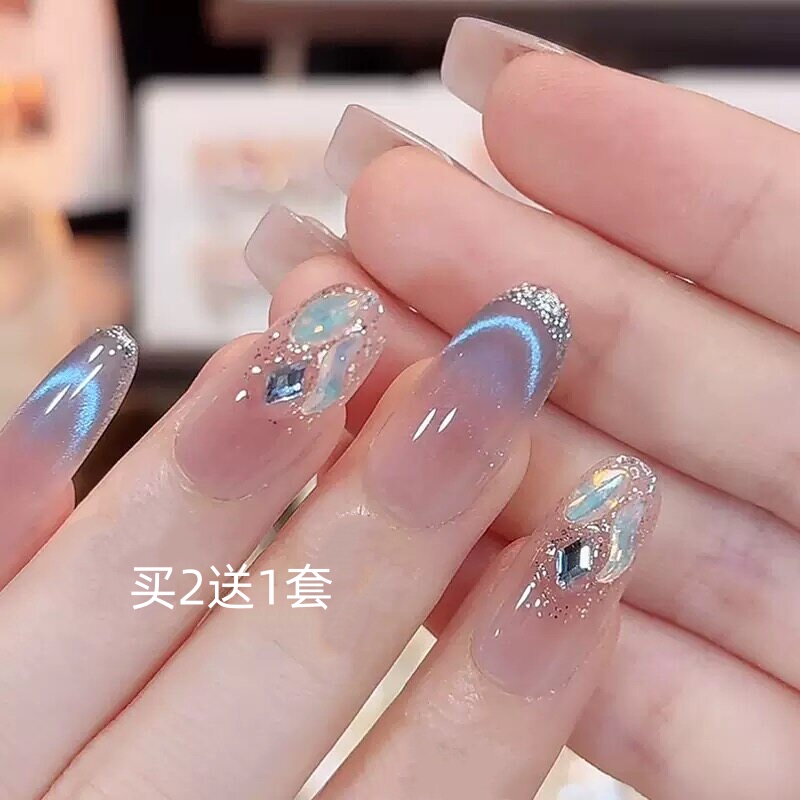 Blue French-Style Cat-Eye Handmade Wearable Nails with a High-End Feel, Sparkling Rhinestone Fake Nail Patches, Oval-Shaped Nail Art Pieces, Finished Product