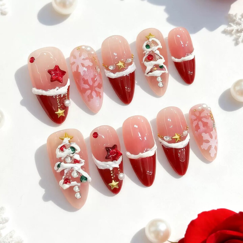 Christmas Themed Wearable Nail Patches, New Year Red Handmade Nail Stickers, Removable Fake Nails, Ready-Made Products Suitable for Students Christmas Themed Wearable Nail Patches, New Year Red Handmade Nail Stickers, Removable Fake Nails, Ready-Made Products Suitable for Students