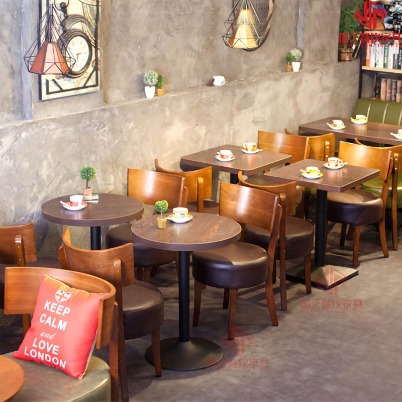 Retro theme restaurant milk tea shop barbecue shop solid wood chair cold drink shop dessert shop simple card seat table and chair combination