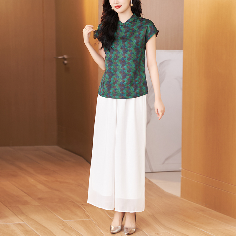 Xiangyun Silk Two-Piece Set, New Chinese Style, Slimming, Stylish, Fashionable, Thin Silk Shirt Top and Wide-Leg Pants Set