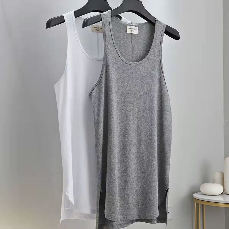 European and American High Street Kanye West and Justin Bieber Style Trendy Men's Oversized Loose Solid Color Slit Mid-Length Pure Cotton Tank Top Base Shirt