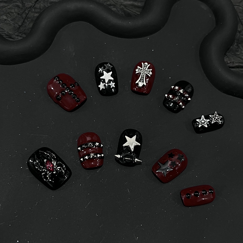 【Mie Mie】Purely Handmade Niche Dark Style Red and Black Spider Cross Star Short Nails Wearable Nail Art