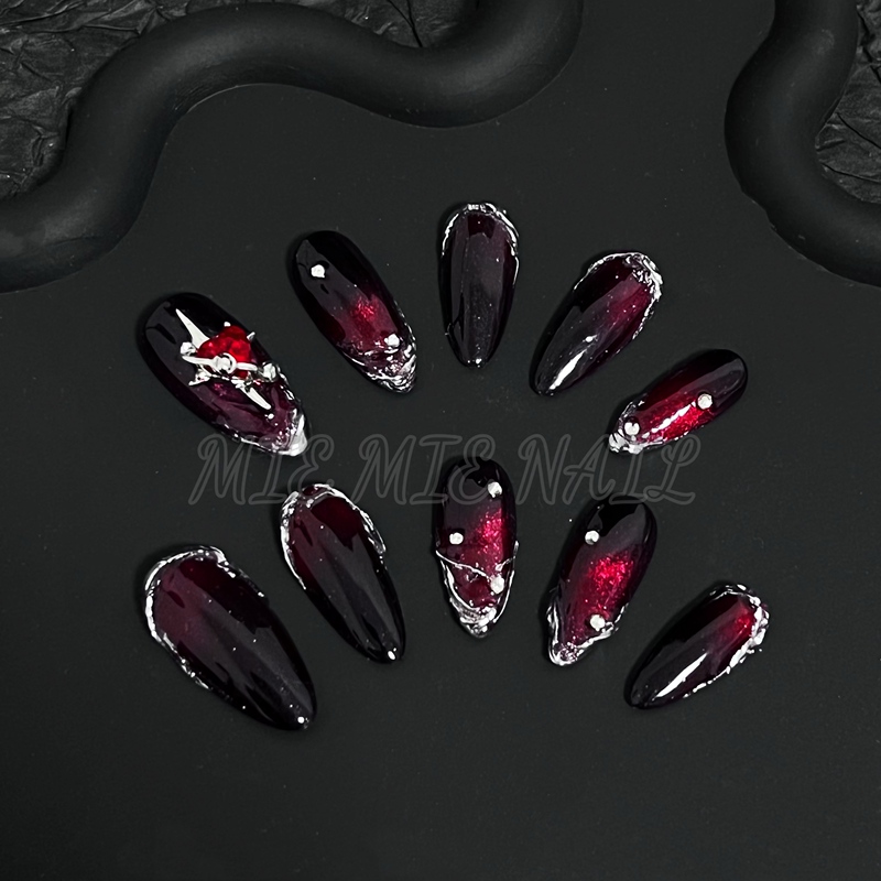 【Mie Mie】Purely Handmade Niche Blood-Red Blood Diamond Three-Dimensional Dark Line Almond-Shaped Press-On Nails