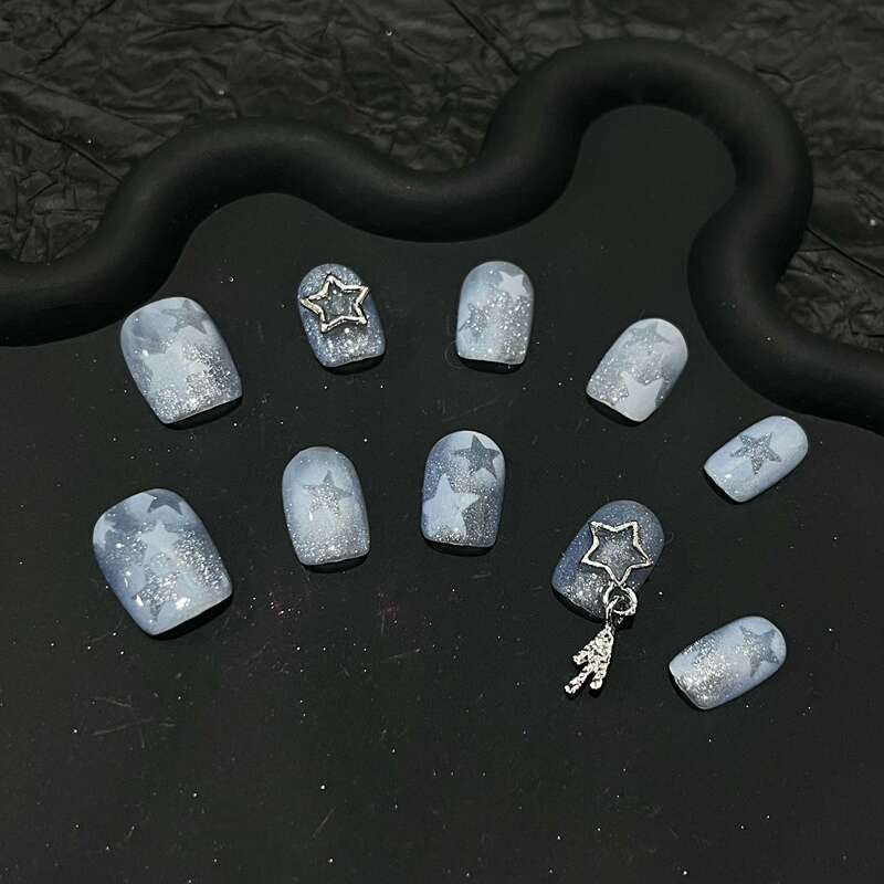 【Mie Mie】Purely Handmade Niche Blue Star Cat-Eye Short Ballet Nail Pendant Short Nails Wearable Nails 【Mie Mie】Purely Handmade Niche Blue Star Cat-Eye Short Ballet Nail Pendant Short Nails Wearable Nails