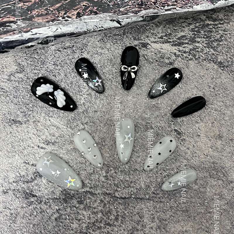 【Mie Mie】Purely Handmade Niche Translucent White + Black Star Wings Almond-Shaped Summer Wear Nails