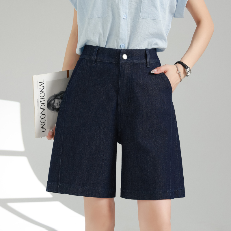 Tts Semi-Elastic Draped Four-Way Stretch Ice Silk Feel Five-Point Shorts for Women, Summer Thin Style, Petite Size, Original Denim Color Denim Shorts Tts Semi-Elastic Draped Four-Way Stretch Ice Silk Feel Five-Point Shorts for Women, Summer Thin Style, Petite Size, Original Denim Color Denim Shorts