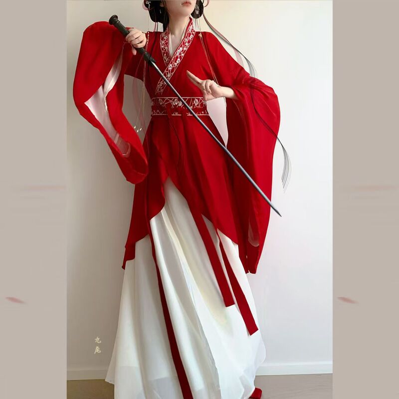 Hanfu Dance Costume Classical Dance Red Performance Costume Wei and Jin Dynasty Robe Embroidered Large Sleeves Cross-Collar Irregular Skirt