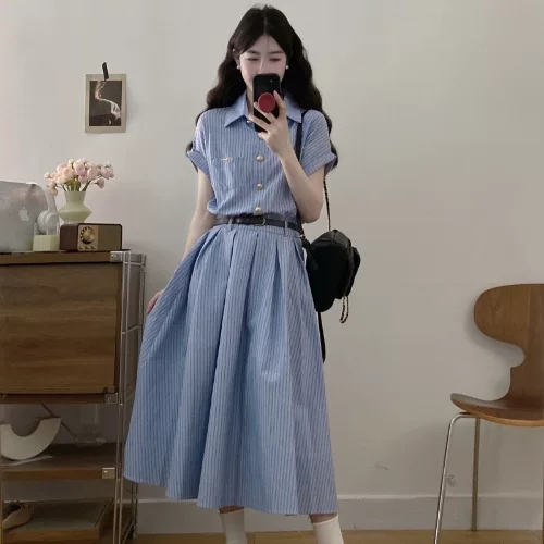 Plus-Size French-Style Blue Striped Shirt Dress for Summer, Vintage Polo Collar, Slimming Waist, Long Dress for Chubby Women