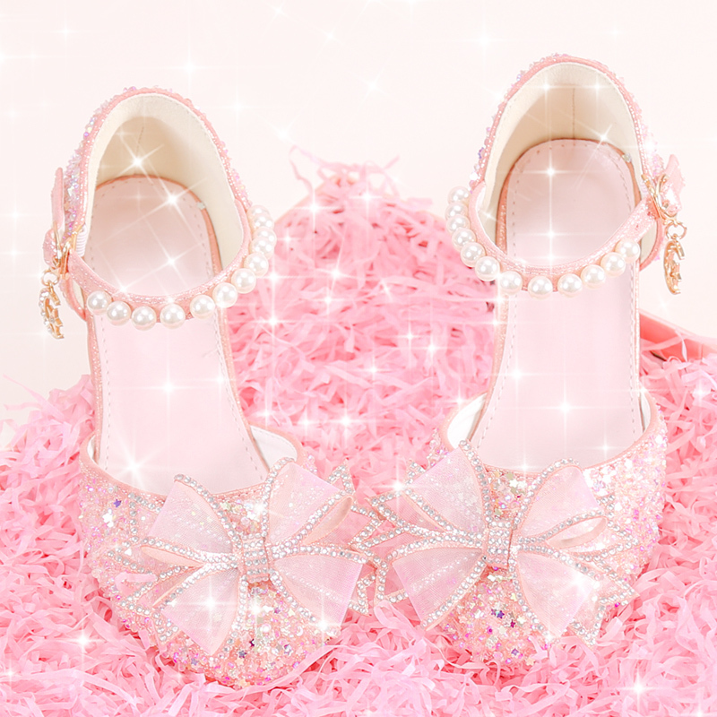 Girls' Crystal Shoes, White Dress Shoes, Kidsren's Wedding Dress, Catwalk Performance, High Heels, Female Piano Performance, Evening Party