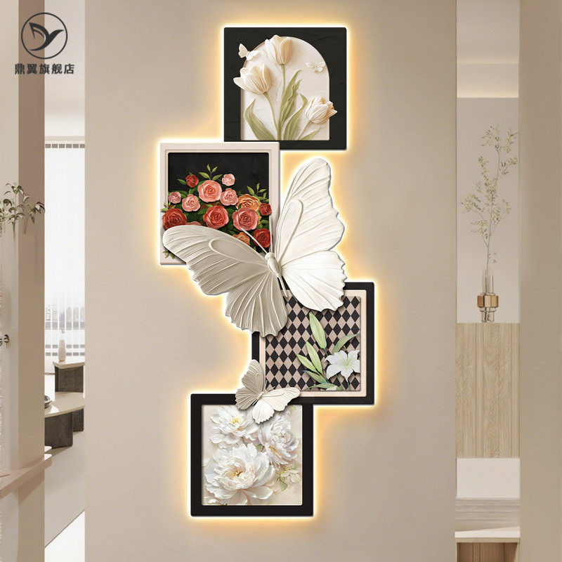 Ancient-Style Decorative Painting for the Entrance Living Room, French-Style Wall Lamp, Butterfly Corridor, Floral Art Facing the Door, Entrance Hall Hanging Painting, Wall Art