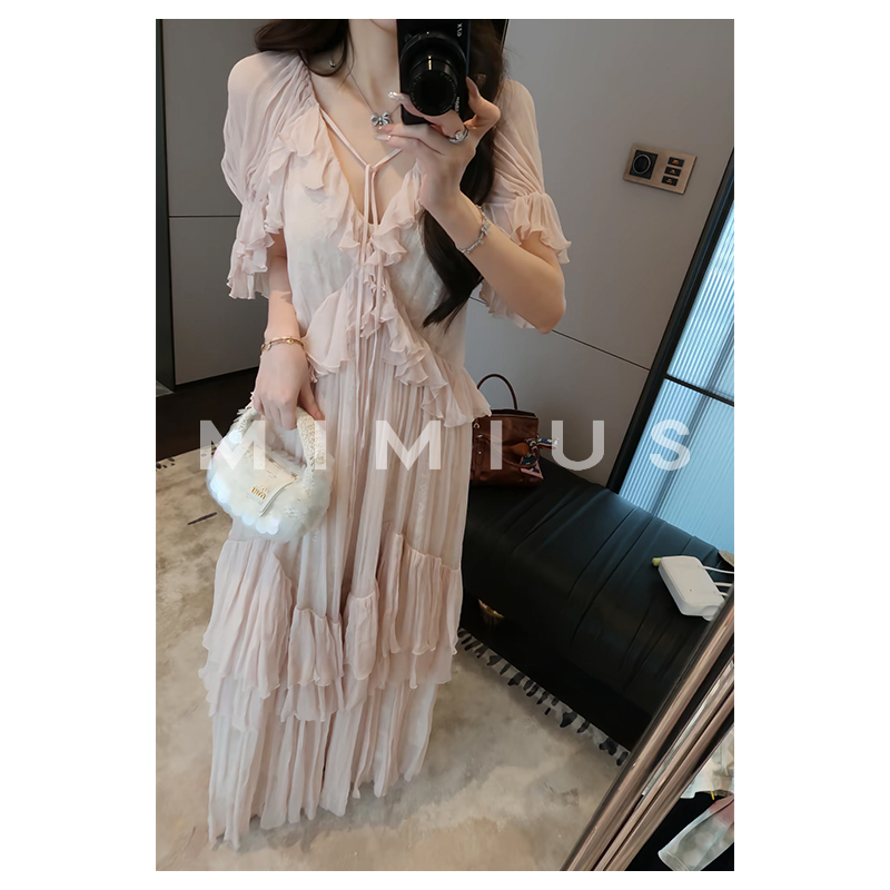 Yulu French-Style Light Luxury Heavy Lace Ruffle Sheer Waist-Cinching Slimming Dress for Women, Summer Elegant Long Dress