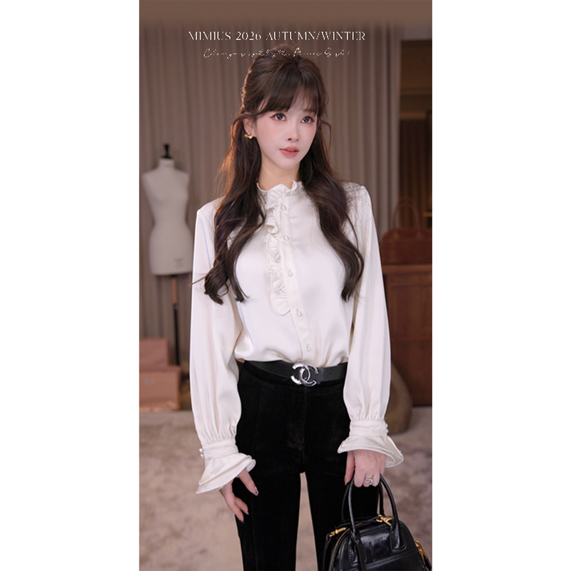 Yulu Acetate Pearlescent Satin Ruffled Collar Lantern Long Sleeve Shirt for Women, Autumn and Winter French Design Top Yulu Acetate Pearlescent Satin Ruffled Collar Lantern Long Sleeve Shirt for Women, Autumn and Winter French Design Top