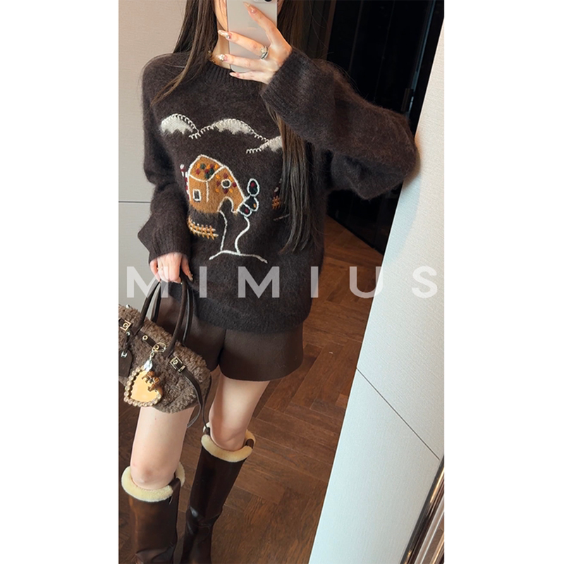 Yoululu Children's Fun Cookie House Embroidered Sweater Cashmere Wool Pullover Winter New Design