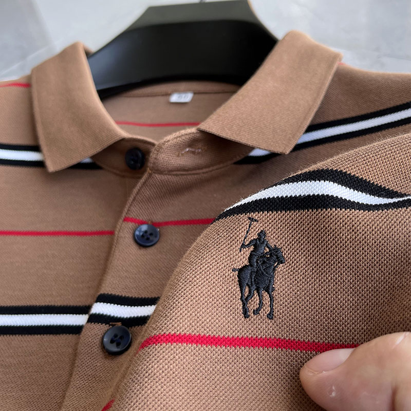 Embroidered Polo~ High-end Ralph Lauren polo shirt striped polo shirt men's long-sleeved cotton piqué spring and autumn top lapel T-shirt