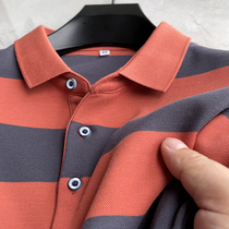 100% pure cotton for shopping mall ~ wide striped long sleeve t-shirt male autumn turtlenecks business casual middle-aged men polo shirts