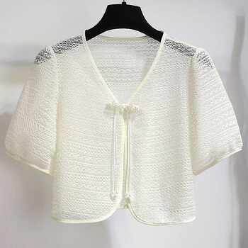 ເສື້ອຢືດສັ້ນ lace shawl summer ໃຫມ່ຈີນປຸ່ມ cardigan ກັບ jacket ບາງໆ versatile knitted blouse ສໍາລັບແມ່ຍິງ