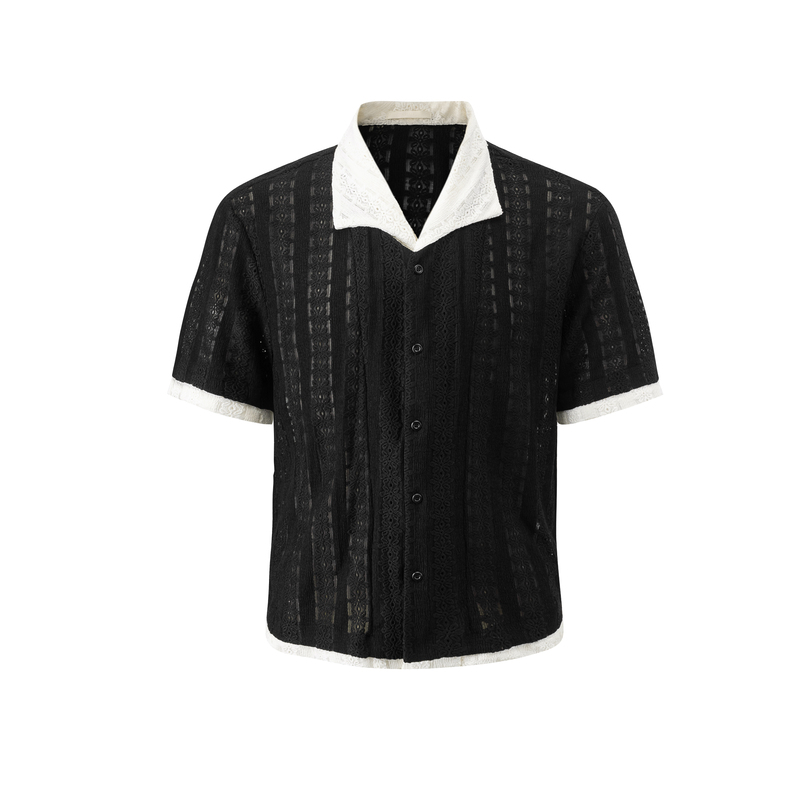 Crins Cave Short Small Neckline Patchwork Fake Two-Piece Hollow Short-Sleeve Shirt