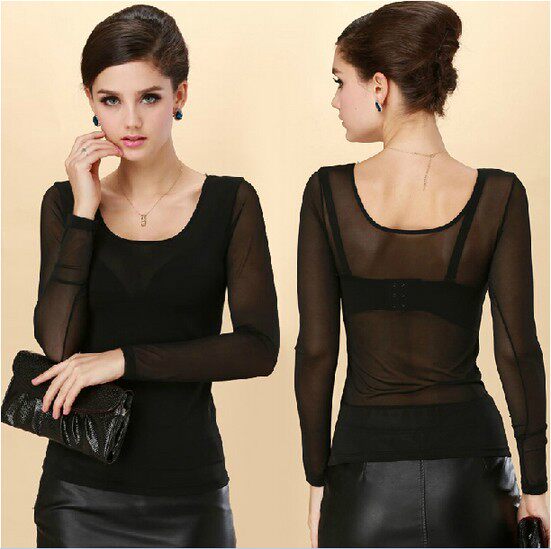 Spring and autumn Great U collar single layer Sexy overdraft net yarn Bottom Shirt Long Sleeve Fat MM Big Ruler Code Lace T-shirt Women's Clothing Blouse