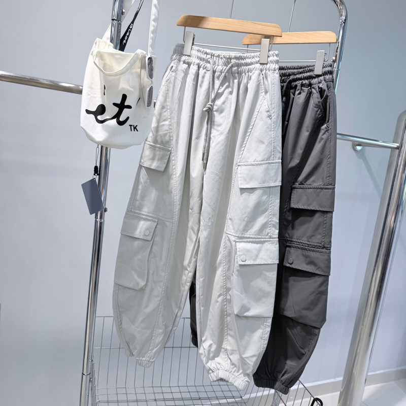 Korean Style Spring and Autumn Boys' Unisex Workwear Style Multi-Pocket Wide-Leg Pants with Loose Elastic Waist Casual Long Pants 7716