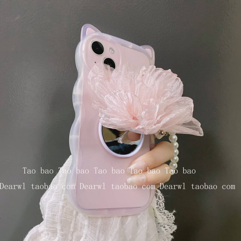 Pink cat ears mirror with flower buds, suitable for iPhone 15 Pro Max, silicone phone case, iPhone 14 Plus, makeup touch-up, mirror finish, 13-piece set, 12-piece pendant set, 11-piece wristband set, cute for XS and XR.