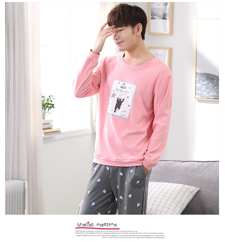 Bộ đồ ngủ nam cotton dài tay mùa xuân và mùa thu thanh niên 100% cotton phù hợp với kích thước lớn phục vụ tại nhà bình thường nam giới có thể mặc bộ đồ mặc nhà