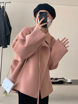 sandro mike bifacial cashmere big coat woman short winter new red small sub butterfly knot Korean version jacket